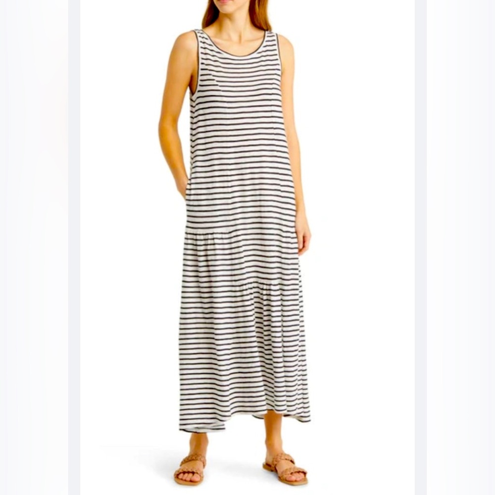 STRIPE COTTON BLEND MAXI DRESS IN IVORY- BLACK DANA STRIPE.